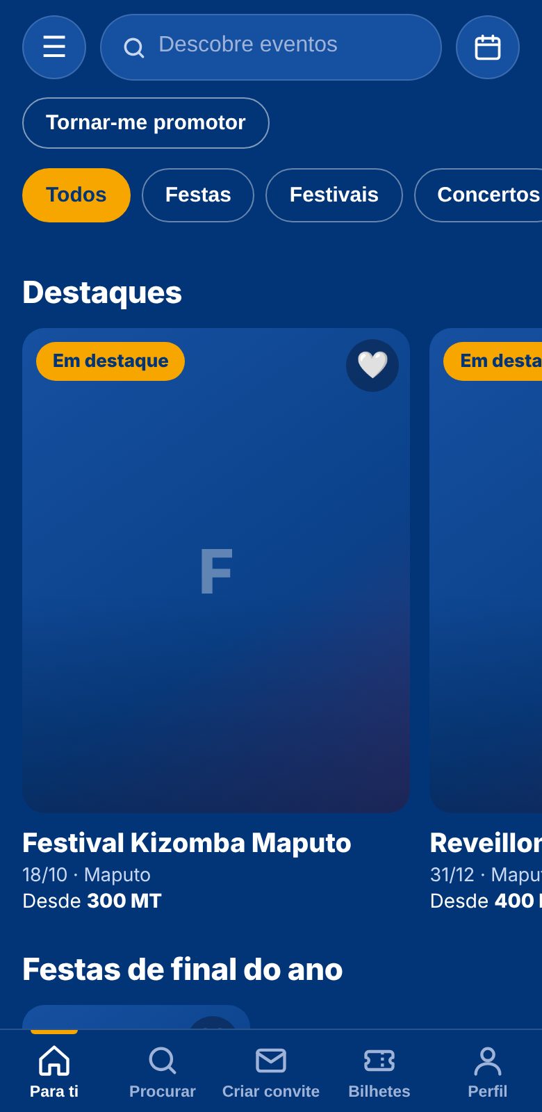 Ecrã inicial da app