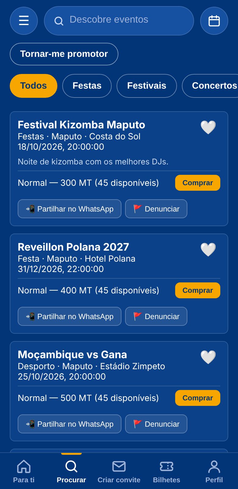 Categorias de eventos na app